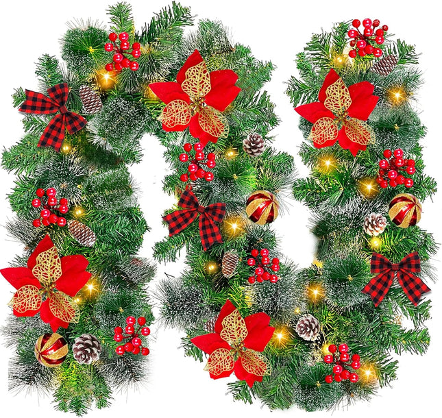 6 Ft 50 LED Prelit Christmas Garland Lights Decoration Timer Battery Operated 8 Modes 20 Snowy Bristle Pine,3 Bows,4 Poinsettia,3 Ball Ornaments,12 Snowy Pinecone,132 Red Berries for Home Indoor Decor