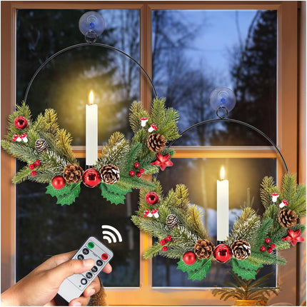 2Pack Christmas Wreaths for Front Door with LED Taper Candles, 16-inch Window Wreath Christmas with Light & Remote, Battery Operated Outdoor Winter Ornaments Christmas Decorations丨Basic丨