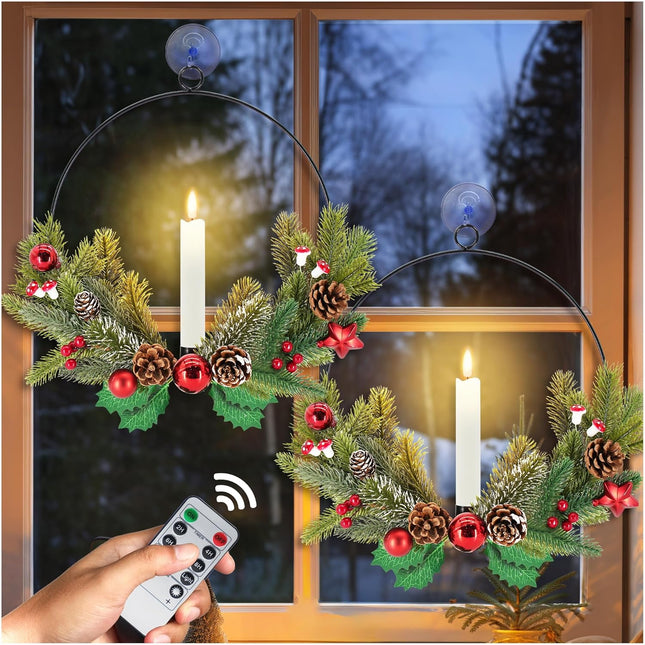 2Pack Christmas Wreaths for Front Door with LED Taper Candles, 16-inch Window Wreath Christmas with Light & Remote, Battery Operated Outdoor Winter Ornaments Christmas Decorations丨Basic丨