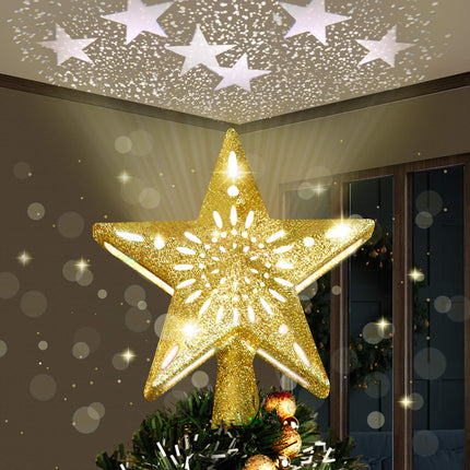 Joiedomi Christmas Tree Topper Lighted Gold Glitter Star with Adjustable Rotating Magic Star Projector Lights 3D Hollow Star for Xmas Decorations Home Party Wedding Bedroom Indoor Decor