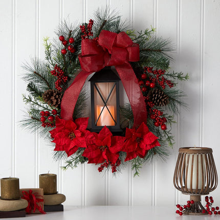 Nearly Natural 28in. Poinsettia and Berry Holiday Lantern Christmas Wreath with LED Candle,Red