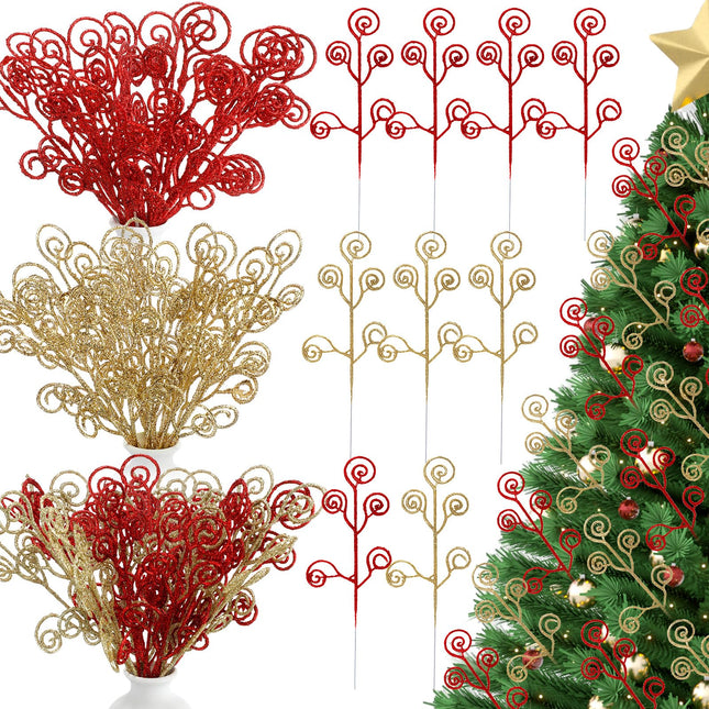 Lyrow 36 Pcs 12" Glitter Christmas Tree Picks Decoration Xmas Tree Curly Picks and Sprays Sequins Candy Shape Christmas Floral Pick for Home Vase Filler Garland (Red,Gold)