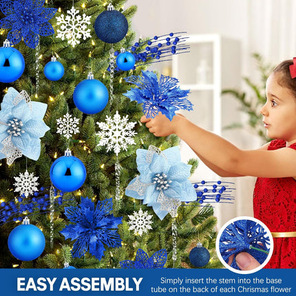 92pcs Christmas Tree Decoration Set, Christmas Ball Ornaments Bulk, Artificial Glitter Poinsettia Flowers, Hanging Crystal Snowflake Drop, Xmas Flowers for Holiday Wedding Year Party Decor (Blue)