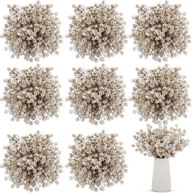 Censen 50 Pieces Artificial Holly Berry Stem Picks with Snowflake Frosted Christmas Tree Branches Fillers Ornaments Snowy Berry Twig Branches for Xmas Garland Wreath Winter Home Decor (Champagne)