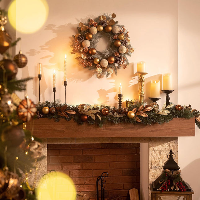Valery Madelyn 6 ft Pre-Lit Christmas Garland with Light for Mantle, Lighted Battery Operated Xmas Garland with Bronze Copper Gold Ball for Front Door Fireplace Table Centerpiece Outdoor Window Decor