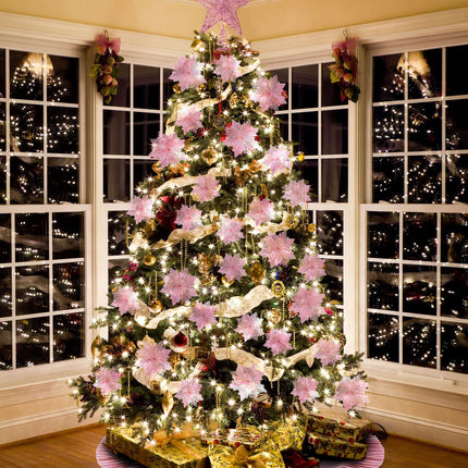 38 Pcs Christmas Tree Decorations Set Include Sequin Christmas Tree Skirt Star Christmas Tree Topper and 36 Artificial Glitter Christmas Flowers for Xmas Party Holiday Christmas Home Decor (Pink)