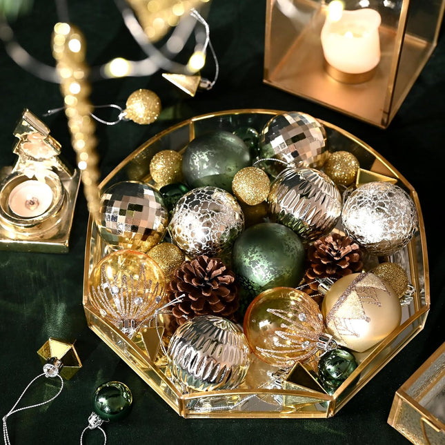 DecorbyHannah 50ct Christmas Ornaments Set, Green Gold Christmas Tree Ornaments Decorations, Assorted Shatterproof Decorative Hanging Ball Ornaments for Small Tree, Home Party Decor (30mm+60mm)