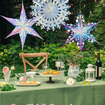 3PCS Iridescent Decoration Ornaments Hanging Decorations, Iridescent Snowflakes Fan, Starry Snowflake, Hexagram Stars Garland for Home Decorations Wedding Birthday Christmas Parties, Vomika