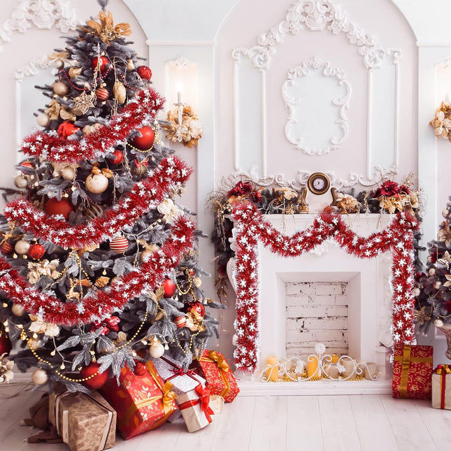 Sggvecsy 32.8Ft Christmas Snowflake Tinsel Garland Xmas Tree Decorations Red Christmas Metallic Twist Garland Ceiling Hanging Decorations for Year Party Birthday Holiday Indoor Outdoor Supplies
