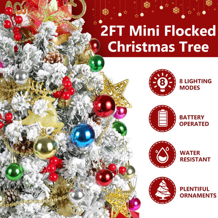 2FT Mini Christmas Tree, Snow Flocked Artificial Christmas Tree, 100 Lifelike Branches, 60 LED Lights, 58 Ornaments, 24 Inches Tabletop Prelit Small Christmas Tree for Holiday Indoor DIY Decor
