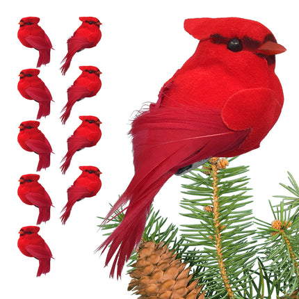 BANBERRY DESIGNS Cardinal Clip-On Christmas Ornaments - Decorations - Red Velvet & Feathers - Set of 10 Pieces - Each Bird is 3" Long
