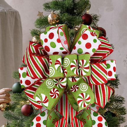 Grinchy Christmas Tree Topper Bow - 45'' x 13'' Large Glitter Polka Dot Wreath Bow with Peppermint Pattern Edge - Christmas Tree and Wreath Decor, Christmas Wired Ribbon Bow Decorations
