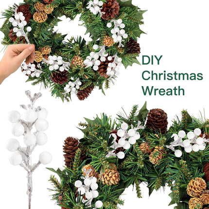 Sggvecsy 30Pcs Christmas Glitter Berries Stems Artificial Red Berry Branches Holly Picks Stems Christmas Tree Ornaments for DIY Xmas Wreath Crafts s Holiday Home Decor (White)