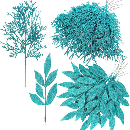 Winlyn 30 Pcs Christmas Teal Blue Glittered Artificial Leaf Sprays Cedar Picks Christmas Tree Ornaments Winter Floral Stems for Teal Blue Christmas Tree Wreath Centerpiece Holiday Wedding Decorations