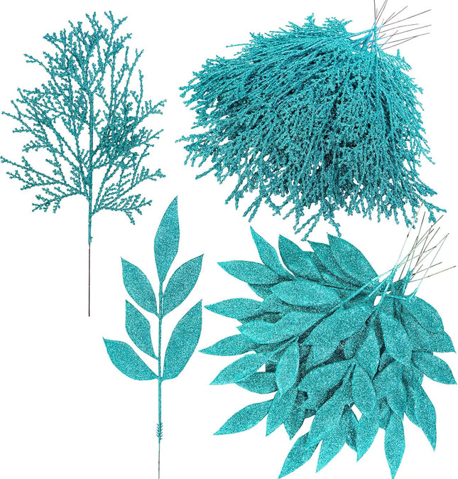 Winlyn 30 Pcs Christmas Teal Blue Glittered Artificial Leaf Sprays Cedar Picks Christmas Tree Ornaments Winter Floral Stems for Teal Blue Christmas Tree Wreath Centerpiece Holiday Wedding Decorations