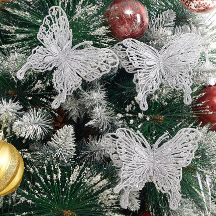 12 PCS Glitter Butterfly Christmas Tree Ornaments, Hollow-Out Butterfly Christmas Decoration with Clips, Craft Xmas Ornaments, Christmas Tree, Wreath, Garland, Home Decorations, Silver