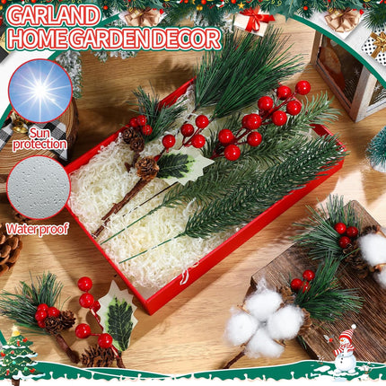 Lyrow 100 Pcs Artificial Pine Branches Green Pine Needles Fake Greenery Christmas Picks Floral Christmas Wreath Decorations Holly Red Berry Stems for Winter Holiday DIY Garland Home Garden Decor
