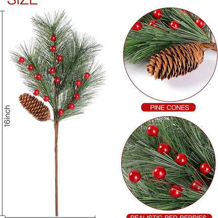 Sggvecsy 5 Pack Christmas Berries Pine Picks Artificial Red Berry Pine Branches Long Faux Pine Stem with Pinecones for Xmas Tree Wreath DIY Craft Floral Arrangement Holiday Season Decor