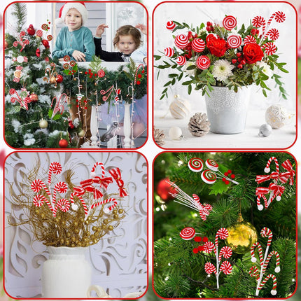 Wettarn 16 Pcs Christmas Candy and Lollipop Pick 13.78 Inch Red White Green Curly Lollipop Picks for Christmas Tree Striped Glitter Candy Tree Topper for Christmas Tree Filler Picks Ornaments Decor