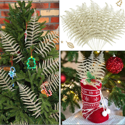 Yunsailing 20 Pcs Christmas Glitter Leaves Artificial Flashing Leaves Tropical Leaf Wedding Pick Flower Arrangement Wreaths DIY Hanging Ornament for Wedding Party Decoration(Champagne Gold, 20 Pcs)