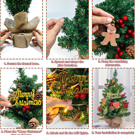 24" Mini Christmas Tree with LED Lights, Small Tabletop Christmas Tree for Indoor Christmas Decorations with Sign, Red Berries, Pine Cones, Hanging Cards,Ideal Christmas Decor for Home, Office & Party