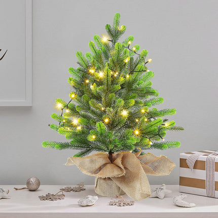 Lulu Home 2 Packs Pre-lit Artificial Mini Christmas Tree, 24 Inch Tabletop Battery Operated Pine Tree with 50 LED Light and Burlap Wrap Base for Xmas Spring Decor