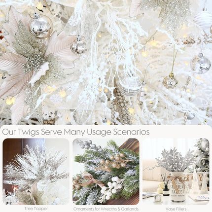 Sea Team 24-Pack Artificial Glitter Berry Stem Ornaments, Decorative Bead Sticks, Glittery Twigs, Picks, Branches for Christmas Tree, Small Vase, Holiday, Wedding, Party (15 Inches, White)