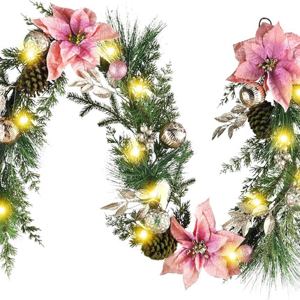 Decorbyhannah Christmas Poinsettia Garland with Lights, 6ft Lighted Artificial Greenery Garland Christmas Decorations with Pink Gold Ornaments, Battery Operated Christmas Garland Indoor for Mantle