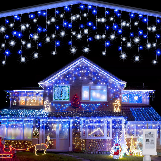 Joomer Christmas Icicle Lights, 32Ft 8 Modes Waterproof Christmas Icicle String Lights Outdoor Connectable with Timer for Party, Eaves, Roofs, Holiday, Christmas Decorations (White+Blue)