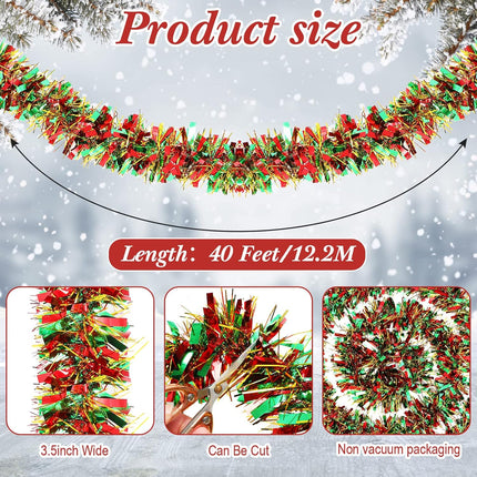 Dilunave 40 Feet Christmas Tinsel Garland Metallic Tinsel Twist Garland Foil Tinsel Garland Decoration for Christmas Tree, Wedding, Birthday and Party Hanging Decorations(Red, Green, Gold)