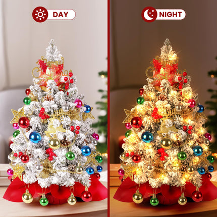 2FT Mini Christmas Tree, Snow Flocked Artificial Christmas Tree, 100 Lifelike Branches, 60 LED Lights, 58 Ornaments, 24 Inches Tabletop Prelit Small Christmas Tree for Holiday Indoor DIY Decor