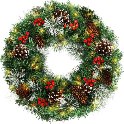 Christmas Wreath,Pre-Lit Artificial 18 Inch Christmas Wreaths for Front Door with Pine Cones,Berries,Christmas Wreath with Lights,8 Modes 50 LED Lights for Outdoor Indoor Decorations
