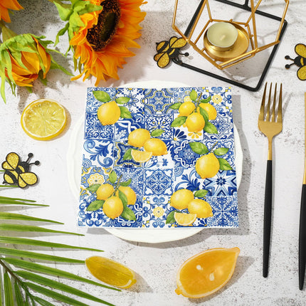80Pcs Tiles Lemons Paper Napkins Blue Yellow Disposable Napkins Decorative Dinner Napkins Luncheon Napkins for Party Supplies Table Decor