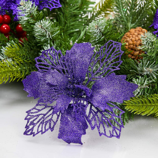 Zhenrui 12 pcs 6” Christmas Poinsettia Flower, Glitter Poinsettia Tree Ornaments, Purple Artificial Flower Decorating Wreath Garland, Great for Wedding Holiday and Home Decor, with Stems