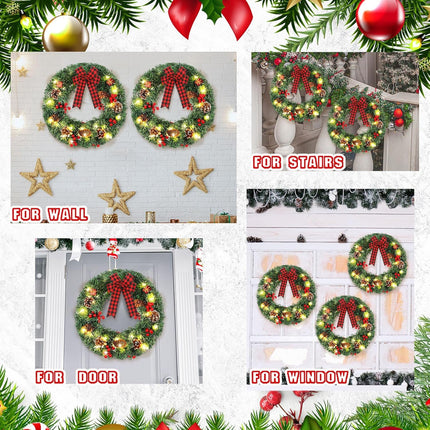 Lyrow 4 Pcs Christmas Wreath 13.8 Inches Prelit Small Xmas Wreaths with Red and Black Bow Christmas Door Wreath with Pine Cones Red Berries for Door Outdoor Holiday Party
