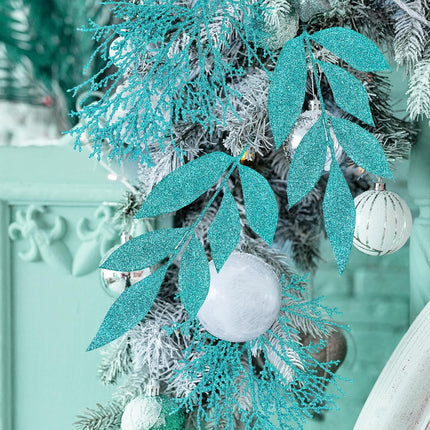 Winlyn 30 Pcs Christmas Teal Blue Glittered Artificial Leaf Sprays Cedar Picks Christmas Tree Ornaments Winter Floral Stems for Teal Blue Christmas Tree Wreath Centerpiece Holiday Wedding Decorations