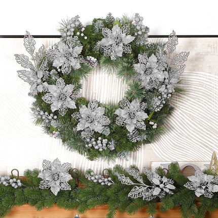 24 Pcs Artificial Glitter Christmas Tree Picks, Boxed 12 Poinsettia Flowers+ 6 Berry Stems+ 6 Flowers Berry Leaves Decorations Set, Indoor Outdoor Holiday Ornaments Decor, Sliver