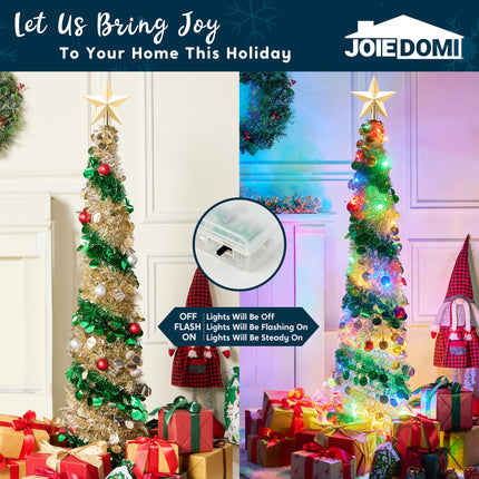 JOIEDOMI 5 Ft Pre-lit Pencil Christmas Tree, Pop up Christmas Tinsel Tree with Lights and Ornaments, Skinny Collapsible Christmas Tree with Timer for Xmas Decorations Indoor Outdoor Holiday Party