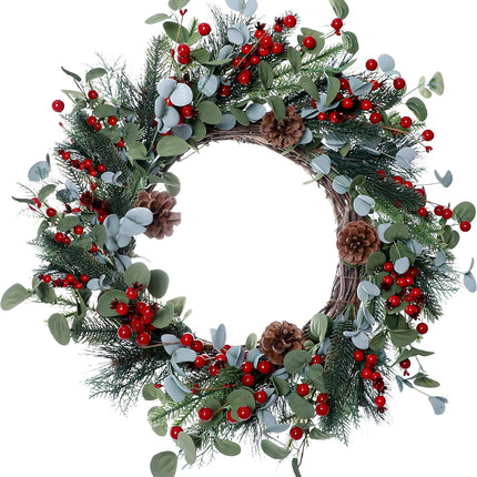 Christmas Wreath-20In Christmas Wreaths for Front Door Winter Wreath with Pine Needles Pine Cones and Red Berries for Winter and Christmas Decor