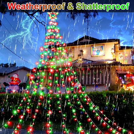 KNO Outdoor Christmas Decorations Waterfall Star Lights,344 LED 8 Modes Tree Light,Plug in Clear Wire Waterproof Seasonal Lighting Decor for Xmas Tree Wedding Yard Holiday Garden Red Green