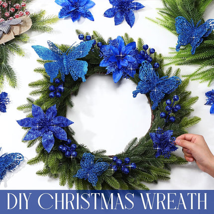 122 Pcs Christmas Glitter Poinsettia Artificial Flowers Berry Picks Butterfly Christmas Tree Ornaments 3 Styles Poinsettia kit with Clip for Xmas Wreath Home Tree Decor(Royal Blue)