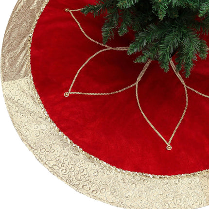 Valery Madelyn Christmas Tree Skirt for Tree Decorations, 36 Inch Fabric Luxury Red Gold Large Xmas Velvet Tree Skirt with Embroidery Flower & Golden Baroque Border Tree Merry Christmas Party Decor