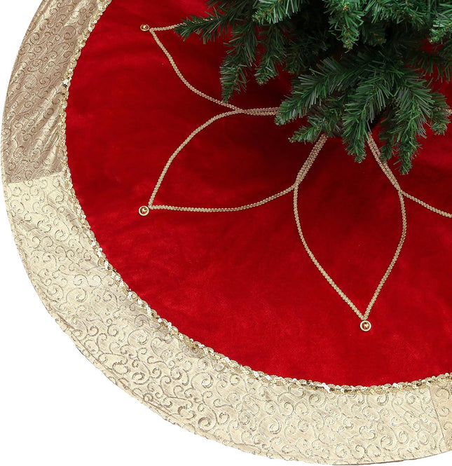 Valery Madelyn Christmas Tree Skirt for Tree Decorations, 36 Inch Fabric Luxury Red Gold Large Xmas Velvet Tree Skirt with Embroidery Flower & Golden Baroque Border Tree Merry Christmas Party Decor
