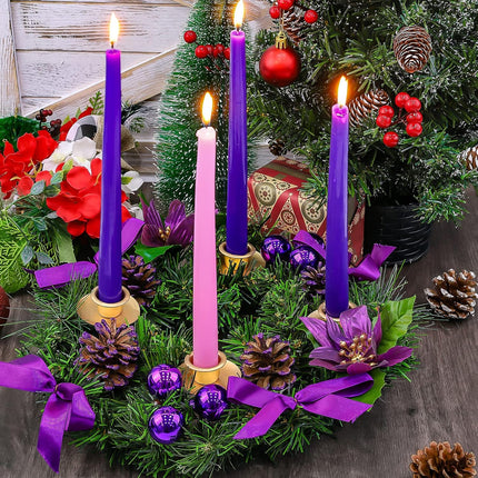 MCEAST 12 Inch Christmas Centerpiece Wreath Candle Holder with Purple Ribbon, Bowknots, Pine Cones for Home and Church Decoration