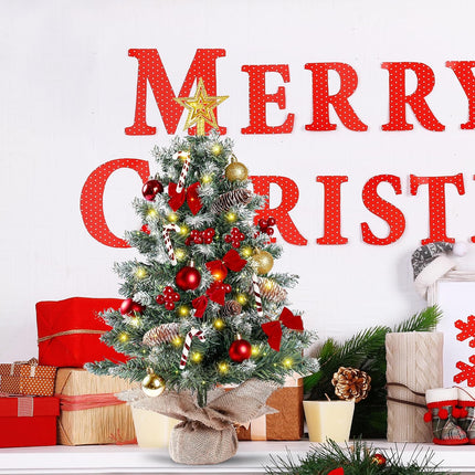 Sggvecsy 23.6’’ Mini Snow Frosted Christmas Tree Table Top Lighted Artificial Xmas Tree Star Treetop Pine Cones Red Bows Balls Candy Canes Red Berries Hanging Ornaments DIY Holiday Indoor Decorations