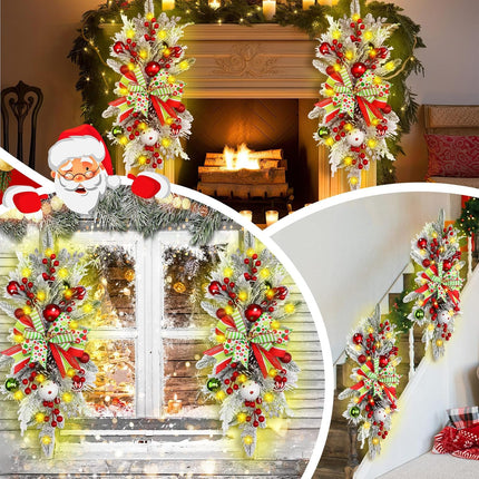 2 Pack Christmas Artificial Swags 24 in Prelit Flocked Xmas Door Stair Swags Teardrop Swag Cordless Christmas Stairway Decoration with LED Lights for Indoor Outdoor (Elf, Red and Green)
