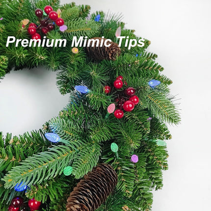 26 inches Pre-lit Artificial Christmas Wreath with Red Berries, Pine Cones, 40 C3 Dual-Color Multi-Functional Battery Operated LED Lights with Timer