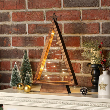 Wooden Christmas Trees Tabletop Decoration - 13.3" Lighted Wooden Christmas Tree, Triangle-Shaped - Perfect Mantle Decor, Farmhouse Style Tabletop Decor, Tabletop Lighted Xmas Tree with Lights