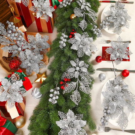 24 Pcs Artificial Glitter Christmas Tree Picks, Boxed 12 Poinsettia Flowers+ 6 Berry Stems+ 6 Flowers Berry Leaves Decorations Set, Indoor Outdoor Holiday Ornaments Decor, Sliver