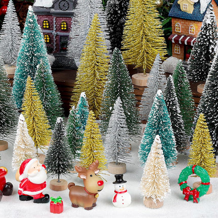 Fangoo 46pcs Mini Christmas Bottle Brush Trees with Christmas Figurines Ornaments Artificial Miniature Tree Wooden Base for Decorating Christmas Parties and Winter Craft